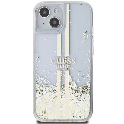 3. Guess Liquid Glitter Gold Stripes Hülle für iPhone 15 Plus / 14 Plus – transparent