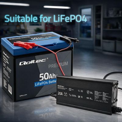 3. Qoltec Spezialladegerät für LiFePO4-Akkus 12 V | 20 A | PF 0,9 | LED | Intelligentes Laden