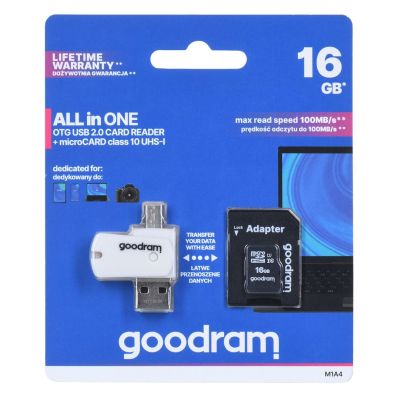 2. GoodRam All-in-One M1A4-0160R12 Speicherkarte mit Adapter und Kartenleser (16 GB; Klasse 10; Adapter, MicroSDHC-Kartenleser, Speicherkarte)