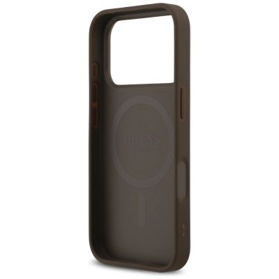 7. Guess Leder 4G Dreieck Strass MagSafe Hülle für iPhone 18 Pro / 17 Pro - Braun