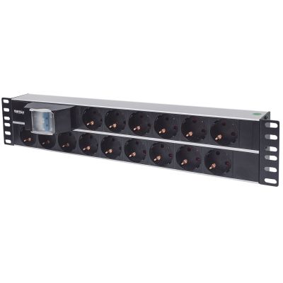 10. Intellinet 19" Rackmount-Steckdosenleiste 2U, 15 Schuko-Steckdosen, Doppelschalter, 3 m Kabel