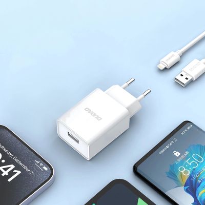 9. Dudao A4EU USB-A 2,1 A Wandladegerät – Weiß + USB-A – Lightning -Kabel