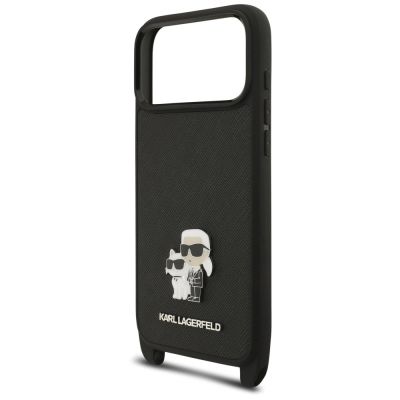 7. Karl Lagerfeld Saffiano Karl&Choupette Metall-Pin CBDY Schutzhülle für iPhone 18 Pro / 17 Pro - Schwarz