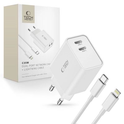 Tech-Protect C35W 2x USB-C PD 35W Netzwerkladegerät mit USB-C/ Lightning Kabel – Weiß