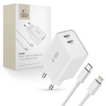 Tech-Protect C35W 2x USB-C PD 35W Netzwerkladegerät mit USB-C/ Lightning Kabel – Weiß