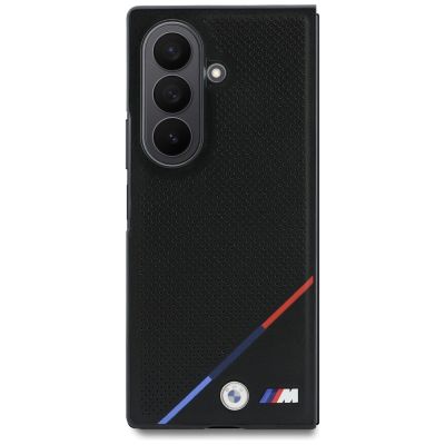 2. BMW M Lederhülle mit perforiertem dreifarbigem Streifenmuster, Metalllogos und MagSafe-Funktion für Samsung Galaxy Z Fold 8 Ultra – Schwarz