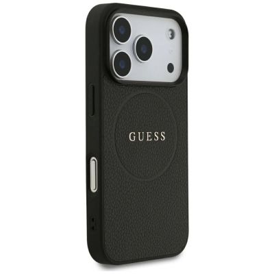 4. Guess MagSafe Hülle mit genarbtem Goldring für iPhone 18 Pro / 17 Pro – Schwarz