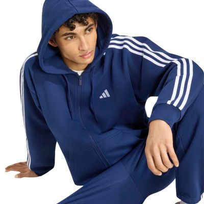 5. adidas Essentials Fleece-Kapuzenjacke für Herren mit 3 Streifen und durchgehendem Reißverschluss, Marineblau, KY4144