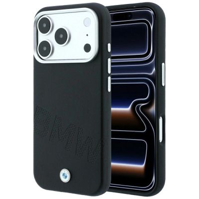 BMW Logo mit schrägen Prägebuchstaben, MagSafe-Hülle für iPhone 18 Pro Max / 17 Pro Max – Schwarz