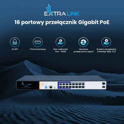 7. Extralink ARES Managed Switch 16xRJ45 GbE PoE/PoE+ 150W, 2x SFP, Rack 19"
