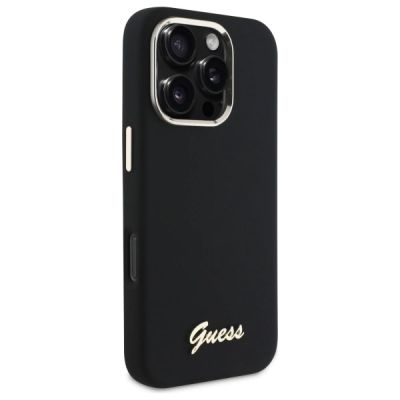 4. Guess Silikonhülle mit Metalllogo und Rahmen für iPhone 16 Pro Max – Schwarz