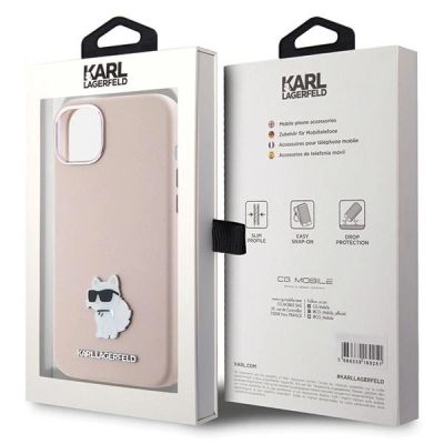 8. Karl Lagerfeld Silikon Choupette Metall Pin Hülle für iPhone 15 Plus / 14 Plus – Rosa