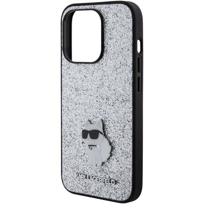 6. Karl Lagerfeld Feste Glitzer-Choupette-Logo-Metallpin-Hülle für iPhone 15 Pro Max – Silber