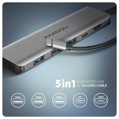 2. Axagon HMC-5H USB-C 3.2 Gen 1 Hub mit 3x USB-A, 4K HDMI PD und 100 W – Silber, kabelgebunden, USB 3.2 Gen 1 (3.1 Gen 1), Typ-C, Silber