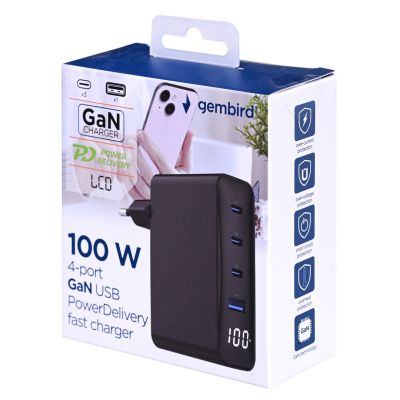 5. GEMBIRD SCHNELLES 4-PORT-GAN-NETZLADEGERÄT (PD) USB (3X USB-A + 1X USB TYP-C) 100 W, SCHWARZ