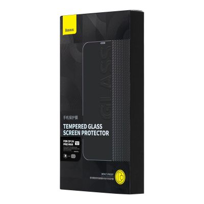 5. Baseus Vollbild-Hartglas für iPhone 14 Pro Max mit Anti-Blaulichtfilter und 0,3-mm-Lautsprecherabdeckung + Montagerahmen