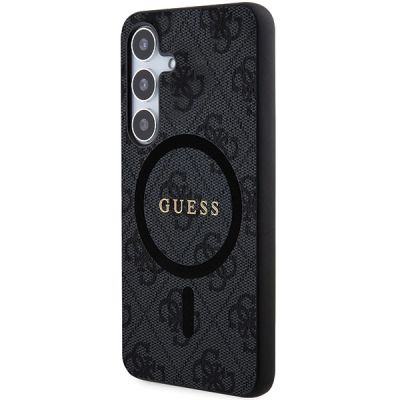 Guess 4G Collection Leder Metall Logo MagSafe Hülle für Samsung Galaxy S24 – Schwarz