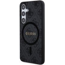 Guess 4G Collection Leder Metall Logo MagSafe Hülle für Samsung Galaxy S24 – Schwarz