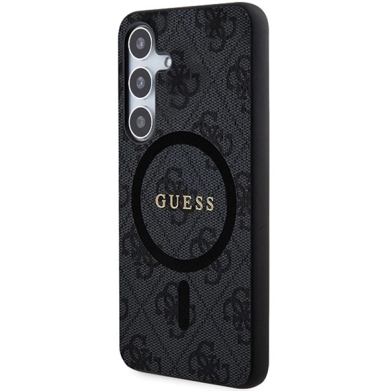 Guess 4G Collection Leder Metall Logo MagSafe Hülle für Samsung Galaxy S24 – Schwarz