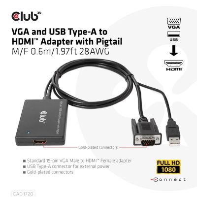 3. CLUB3D CAC-1720 Kabeladapter 0,6 m HDMI Typ A (Standard) VGA (D-Sub) + USB Schwarz