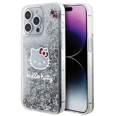 Hello Kitty Liquid Glitter Charms Kitty Head Hülle für iPhone 15 Pro Max – Silber