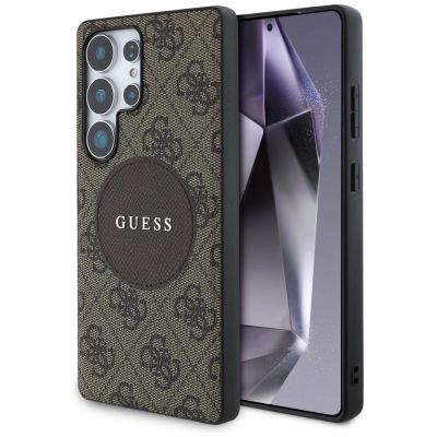 Guess 4G Round Patch Classic Logo MagSafe Hülle für Samsung Galaxy S25 Ultra braun