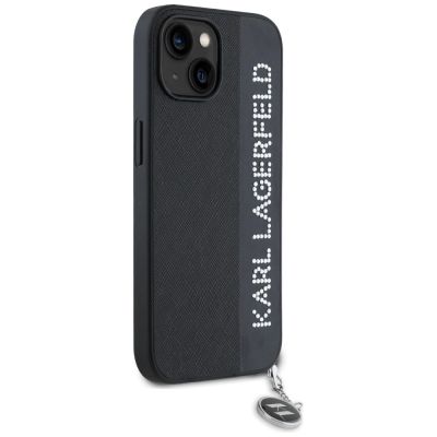 4. Karl Lagerfeld Saffiano Rhinestones & Charm Hülle für iPhone 15 / 14 / 13 – Schwarz