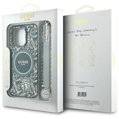 7. Guess IML Flowers Allover Electro With Pearl Strap MagSafe Hülle für iPhone 16 Pro Max - grün