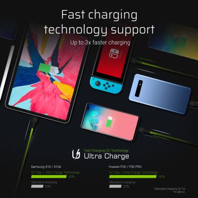 5. GREEN CELL KABGC13 GC RAY USB-KABEL – USB-C 200 cm, grüne LED, Schnellladefunktion (Ultra Charge), QC 3.0