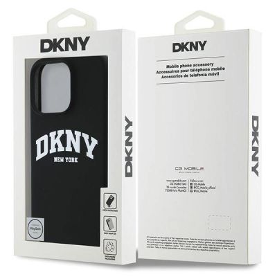 8. DKNY Silikon-MagSafe-Hülle mit weißem bedrucktem Logo für iPhone 16 Pro – Schwarz