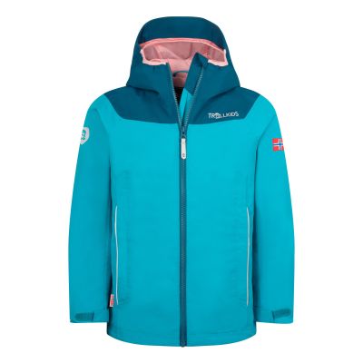 Trollkids Bergen Waterproof Jacke Nebel-Aquamarin/Hafenblau-Mellow-Pfirsich (611-137)