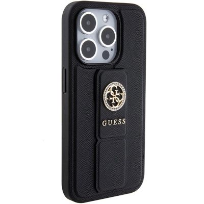 4. Guess Grip Stand 4G Saffiano Strass Hülle für iPhone 15 Pro Max - Schwarz