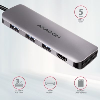 2. Axagon HMC-HCR3A 3x USB-A + HDMI + SD/microSD USB-C 3.2 Gen 1 Hub, 20 cm, kabelgebunden, USB 3.2 Gen 1 (3.1 Gen 1), Typ-C, Grau
