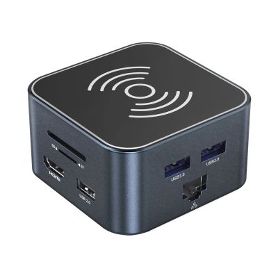 3. Hub USB-C 12 in 1 Wozinsky WHBC09Y8S multifunktional, mit kabelloser Ladefunktion, Aluminium, mit 15 cm Kabel - grau
