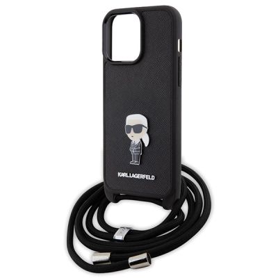 5. Karl Lagerfeld Umhängetasche mit Saffiano-Monogramm und Metallnadel, Karl & Choupette-Hülle für iPhone 15 Pro Max – Schwarz