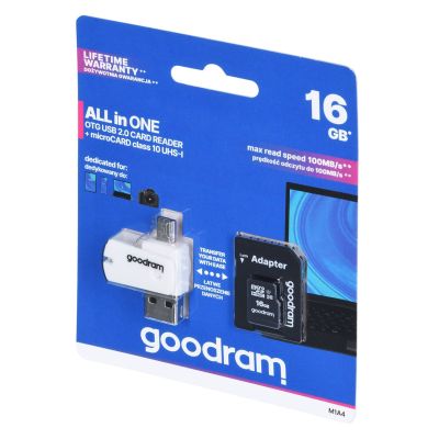 GoodRam All-in-One M1A4-0160R12 Speicherkarte mit Adapter und Kartenleser (16 GB; Klasse 10; Adapter, MicroSDHC-Kartenleser, Speicherkarte)