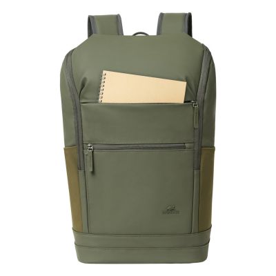3. Rivacase Eden Rucksack Reiserucksack Olivgrünes gewachstes Leder (Pull-Up), Polyester, recyceltes Polyethylenterephthalat (rPET)