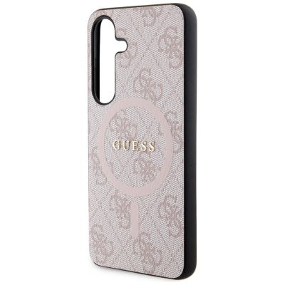 6. Guess 4G Collection Leder Metall Logo MagSafe Hülle für Samsung Galaxy S24 – Pink
