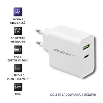 6. QOLTEC Wandladegerät 45 W | 5–20 V | 2,4–3 A | USB Typ C PD | USB | Weiß