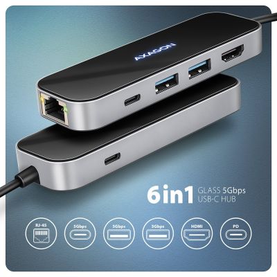 4. AXAGON HMC-6GLN USB-Hub, 2x USB-A, 1x USB-C, 1x HDMI 2.0, 1x RJ45, 100 W PD – Silber