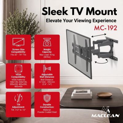 11. MACLEAN TV-WANDHALTERUNG 32-70'' max. VESA 400x400, 32-70", bis zu 40 kg, schwarz, Neigungsverstellung +12°~-12°