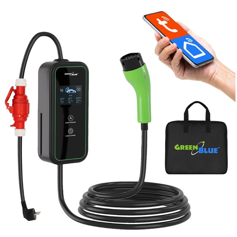 GreenBlue EV/PHEV-Ladegerät, tragbar, Typ 2, Kabellänge 680 cm, IP65, 11 kV, 220–380 V AC 50/60 Hz, 16 A, 3-phasig, GB1100