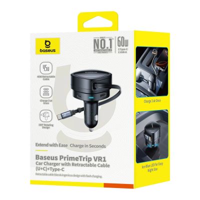 3. Baseus PrimeTrip VR1 60W USB-A/USB-C-Autoladegerät mit einziehbarem USB-C-Kabel – Schwarz