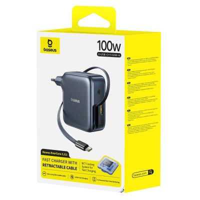 4. Baseus EnerCore CJ11 100W Wandladegerät mit USB-A- und USB-C-Anschlüssen und einziehbarem USB-C-Kabel – Schwarz