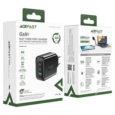 9. Acefast Schnellladegerät GaN (2xUSB-C / USB-A) PPS / PD / QC4+ 65W schwarz (A41)