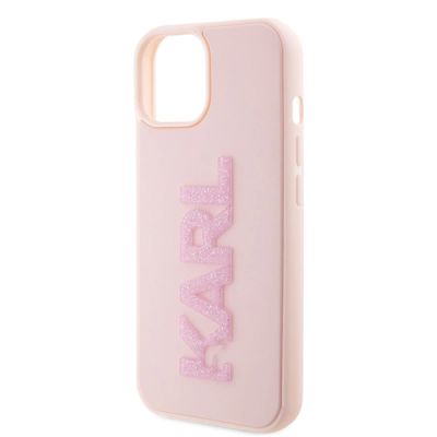 6. Karl Lagerfeld 3D Rubber Glitter Logo Hülle für iPhone 15 Plus – Rosa