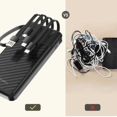 5. Wozinsky W11-B 10000mAh 10W Powerbank mit integrierten Kabeln und Taschenlampe – Schwarz