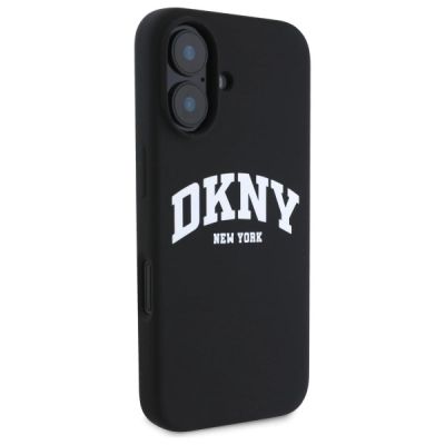 4. DKNY Silikon-MagSafe-Hülle mit weißem bedrucktem Logo für iPhone 16 – Schwarz