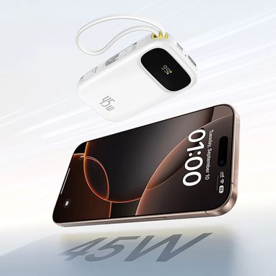 6. Baseus EnerFill FC31 Qpow 3 10000mAh 45W Powerbank mit Digitalanzeige, USB-C- und Lightning Kabeln – Weiß