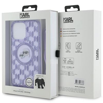 7. Karl Lagerfeld IML Crossbody Monogram Karl & Choupette Head MagSafe Hülle für iPhone 15 Pro Max – Lila
